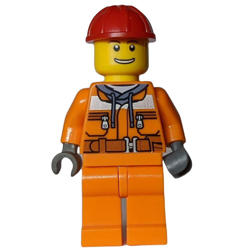 Lego Construction Worker, Safety Jacket over Hoodie with Belt, Orange Legs, Red Hard Hat