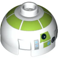 Brick Round 2 x 2 Dome Top, Blocked Open Stud, Bottom Axle Holder with Silver and Lime Astromech Droid Print (R7-A7)
