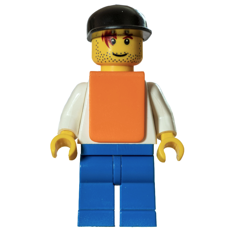 Lego White Torso, Orange Vest, Blue Legs, Black Cap, Smile
