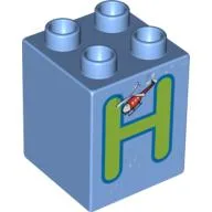 Duplo Brick 2 x 2 x 2 with 'H' and Helicopter Print / Medium Blue