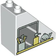 Duplo Brick 4 x 2 x 3 Slope 45° with Cup with Toothbrushes, Soap Dispenser, Whale, and Mirror Print / White