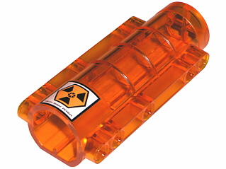 Lego Cylinder 9 x 4 x 2 Tapered with Flat Bottom, Pin Holes with 'HIGH RISK AREA' and Radioactivity Warning Pattern (Sticker) - Sets 7690 / 7692 / 7697 / 7699