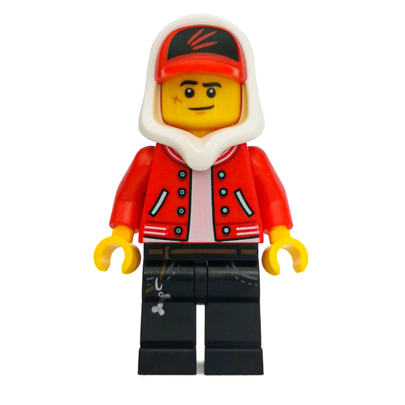 Lego Jack Davids, Red Jacket with White Hood and Red Cap, Scared / Smirk