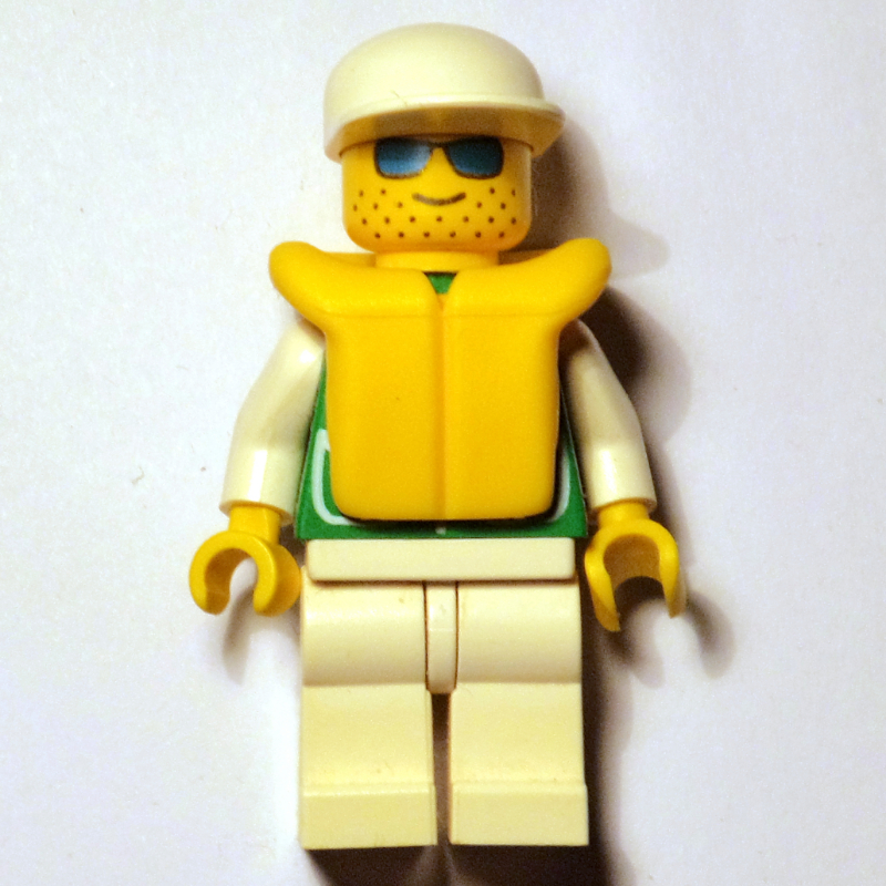 Lego Man, Green Jacket, White Legs, White Cap, Yellow Life Vest, Blue Sunglasses