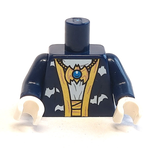 Lego Torso Robe with Gold Trim, White Bats, Gold Bat Amulet Print, Dark Blue Arms, White Hands / Dark Blue