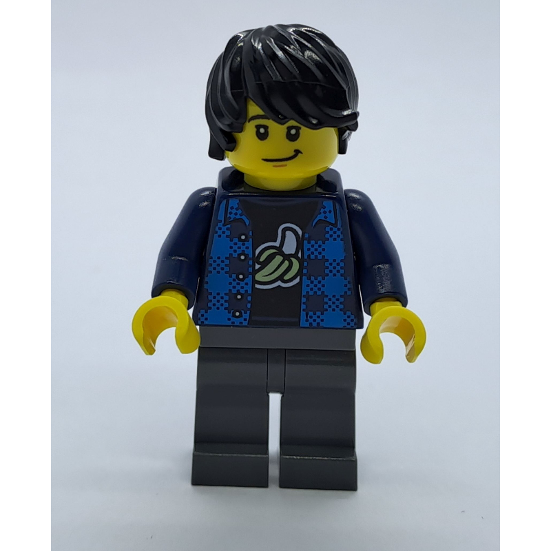 Lego Man, Open Dark Blue Flannel Shirt over Top with Banana, Dark Bluish Gray Legs, Black Hair