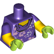 Lego Torso, Dual Molded Arms, Shirt with White and Lavender Flowers Print, Dark Purple Sleeves Pattern, Yellow Arms, Lime Hands / Dark Purple
