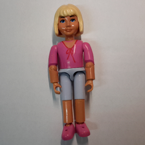 Lego Belville Figure Articulated Elbows, Child, Female, Light Yellow Hair, Violet Shorts, Pink Shirt, Bow / [No Color/Any Color]