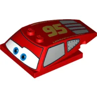 Brick Wedged, Curved 6 x 4 x 1 1/3 with 4 x 4 Base with Blue Eyes, Windows and '95' Print (Lightning McQueen) / Red