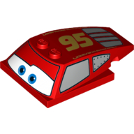 Lego Brick Wedged, Curved 6 x 4 x 1 1/3 with 4 x 4 Base with Blue Eyes, Windows and '95' Print (Lightning McQueen) / Red