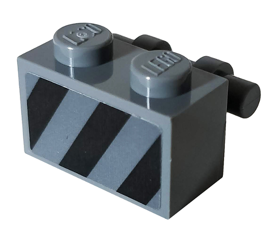Lego Brick, Modified 1 x 2 with Bar Handle on Side with Black and Dark Bluish Gray Danger Stripes Pattern (Sticker) - Set 76100