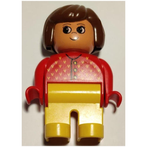 Lego Duplo Figure, Early, Hair Bob Brown, Yellow Legs, Red Sweater with Yellow 'V', Nose Pointing Up Print / Red
