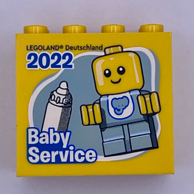 Lego Brick 2 x 4 x 3 with 'LEGOLAND Deutschland 2022 Baby Service' Print / Yellow