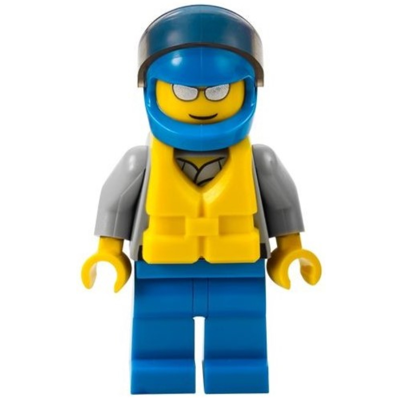 Lego Coast Guard, Light Bluish Gray Shirt with Badge, Blue Helmet with Visor, Yellow Life Vest, Silver Sunglasses