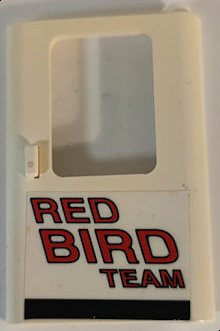 Lego Door 1 x 4 x 5 Train Right, Thin Support at Bottom with Red 'RED BIRD TEAM', Black Stripe Pattern (Sticker) - Set 5591