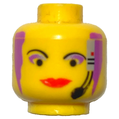 Lego Minifig Head Radia, Red Lips, Purple Hair and Headset, Wide Lips Print / Yellow