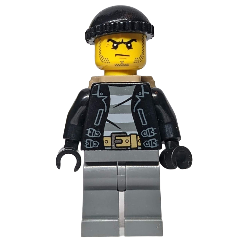 Lego Criminal, Open Black Jacket over Prison Shirt, Dark Bluish Grey Legs, Black Hat, Dark Tan, Stubble