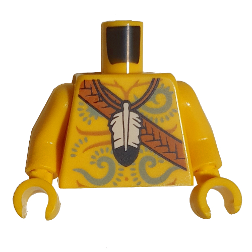 Lego Torso Bare Chest, Sand Blue Decorations, Orange Belt, White Feather, Pouch print, Yellow Arms and Hands / Yellow