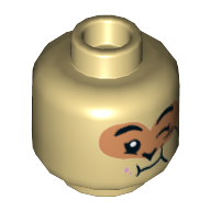 Lego Minifig Head Monkey King, Nougat Around Eyes, Left Eye Winking, Black Right Eye and Chewing / Gold Right Eye Angry Print / Tan