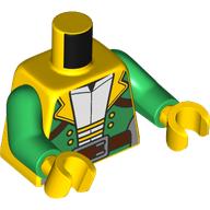 Lego Torso, Green Jacket, Yellow Collar, Buttons, Laces, Reddish Brown Belts, Silver Buckle, White Shirt print, Bright Green Arms, Yellow Hands / Yellow