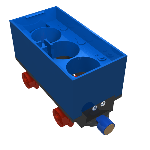 Lego Battery Box, Train Car with Black Base, Red Wheels and Magnets / Blue