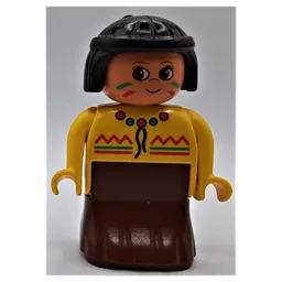 Duplo Figure, Early, Dress Brown, Green and Red Decorations, Black Hair (American Indian) / Yellow