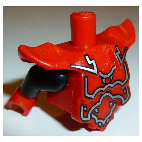 Lego Torso with Molded Shoulder and Waist Extensions, Silver Decoration Print, Black Arms, Red Hands / Red