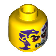 Lego Minifig Head Sleven, Eyebrows, Red Eyes, Purple and White Snakes Tattoo, Open Mouth with Fangs Print [Hollow Stud] / Yellow