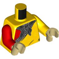 Lego Torso, Toga, Black Trim, Red Shirt, Black Scarf print, Odd Arms, Left Yellow Arm, Right Red Arm, Tan Hands / Yellow