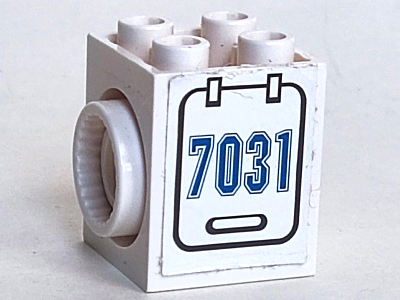 Lego Technic, Brick Modified 2 x 2 x 2 with Rotation Joint Socket with Blue '7031' on Hatch Pattern Model Right Side (Sticker) - Set 7031