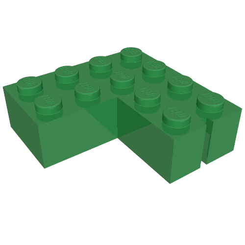 Lego Brick 4 x 4 Corner without Bottom Tubes, Slotted (with 1 slot, left side) / Green