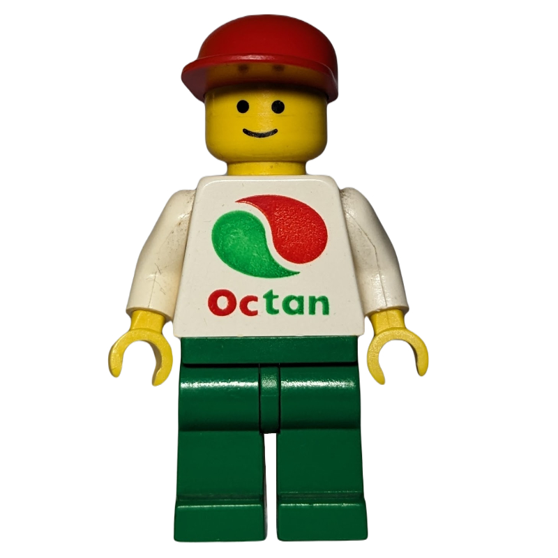 Lego Man, White Top with Large Octan Logo, Green Legs, Red Cap