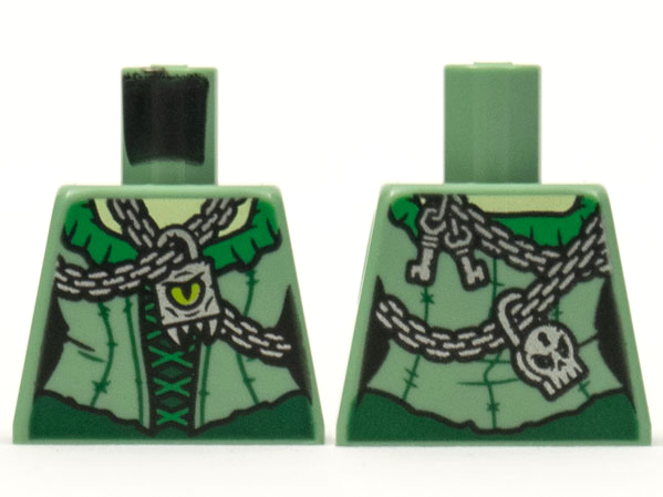 Lego Torso Female Bodice Green Collar and Laces, Silver Chains and Pendant with Lime Eye, Keys and Skull Padlock on Back Pattern
