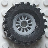 Lego Wheel Spoked 2 x 2 with Pin Hole, with Black Tire 30 x 10.5 Offset Tread (30155 / 2346)