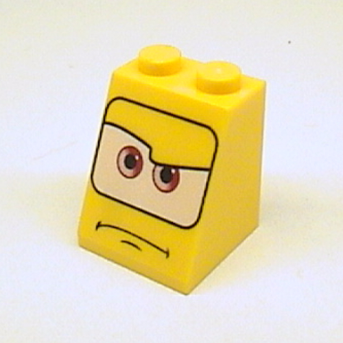 Lego Brick Sloped 65° 2 x 2 x 2 with Bottom Tube and Eyes, Brown on White Background and Mouth Turned Down Print / Yellow