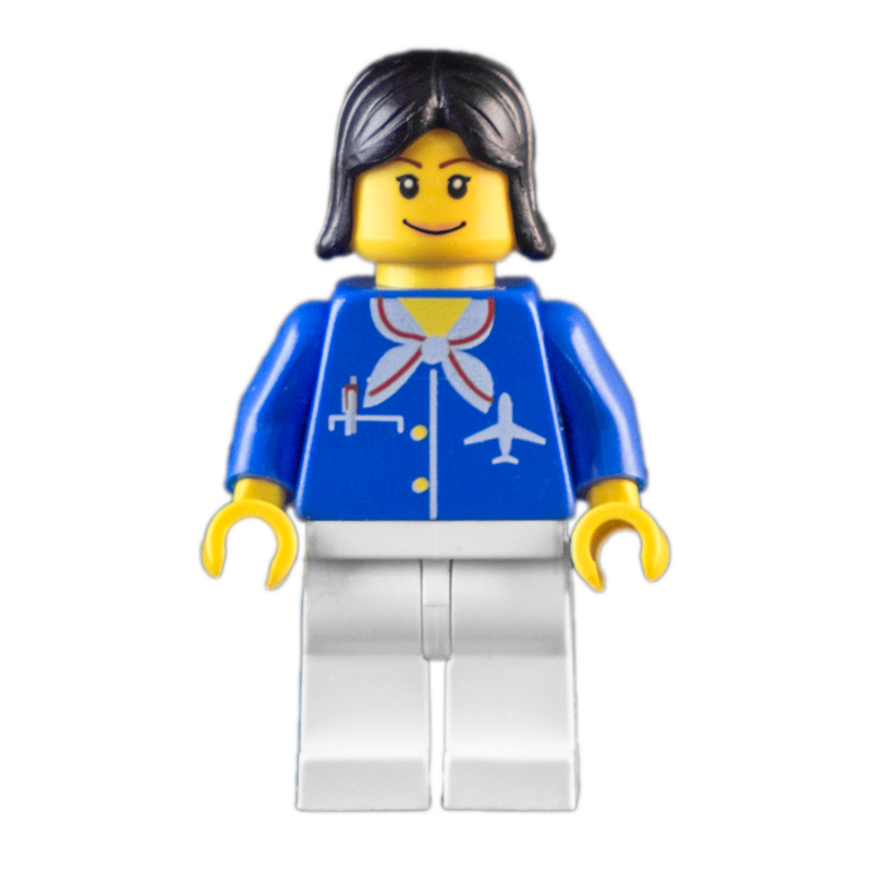 Lego Airline Worker, Woman, Blue Jacket with Plane Logo and White Scarf, White Legs, Black Hair, Pink Lips