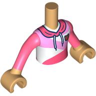Lego Minidoll Torso Boy with Warm Tan Arms and Hands with White/Bright Pink/Coral Hoodie, Gold Kitty Badge, Laces print / Warm Tan