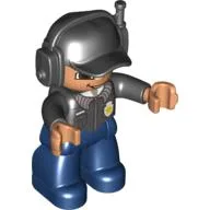 Duplo Figure with Headset and Cap Black, with Dark Blue Legs, Badge Print, Black Arms, Nougat Hands (Police) / Black