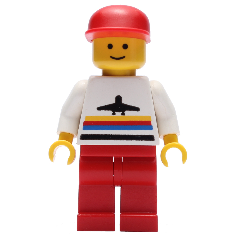 Lego Man, White Shirt with Airplane, Red Legs, Red Cap