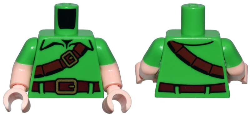 Lego Torso Tunic, Reddish Brown Strap and Dark Red Belt with Gold Buckles Pattern / Light Nougat Arms with Molded Bright Green Short Sleeves Pattern / Light Nougat Hands