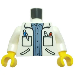 Torso, Doctor Coat, Pockets with Pens, Medium Blue Shirt Print, White Arms, Yellow Hands / White