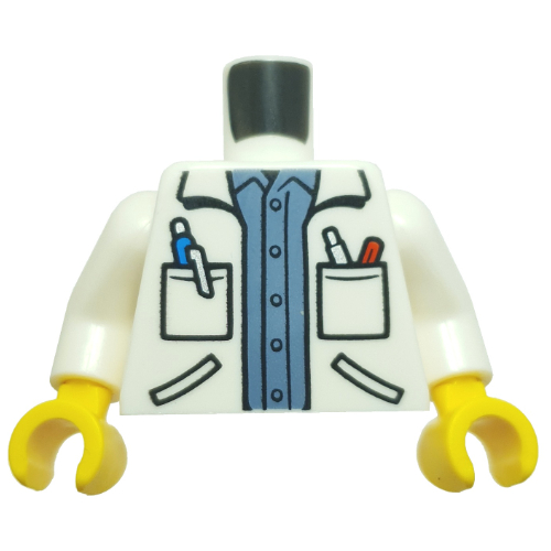 Lego Torso, Doctor Coat, Pockets with Pens, Medium Blue Shirt print, White Arms, Yellow Hands / White