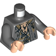 Lego Torso, Torn Jacket, Prison Shirt with Dark Tan Stripes, Bare Chest with Tattoo print, Dark Bluish Gray Arms, Light Nougat Hands / Dark Bluish Gray