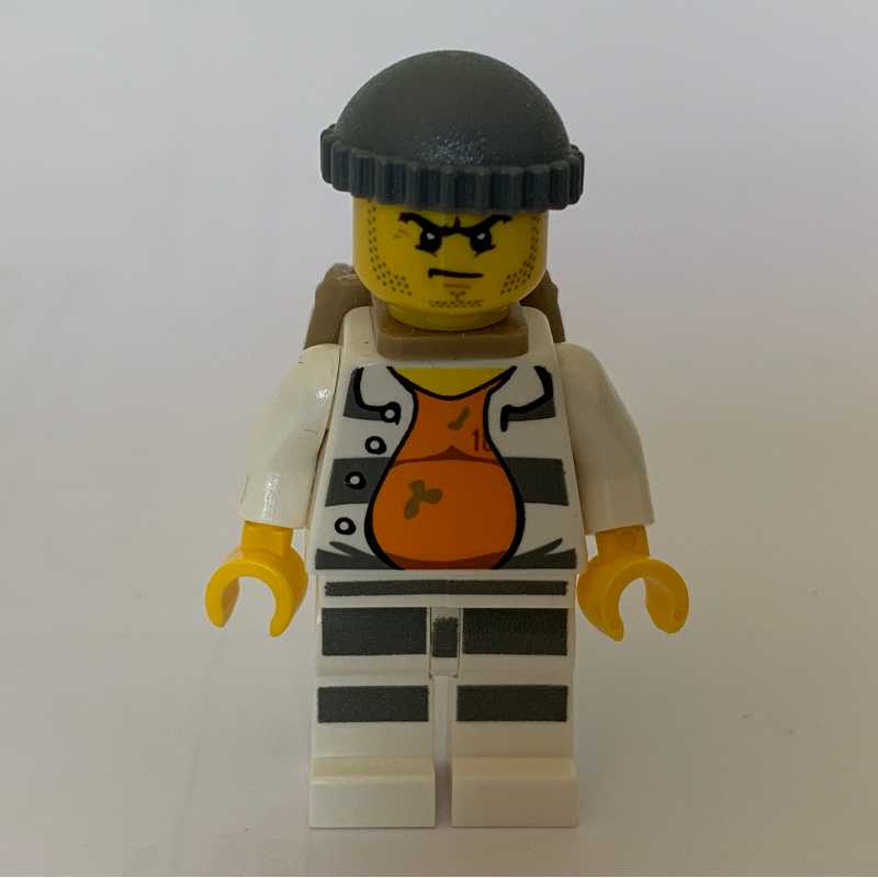 Lego Criminal, Open Prison Shirt #18675 over Orange Top, Dark Bluish Gray Hat, Dark Tan Backpack, Stubble