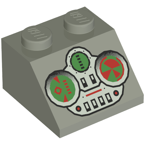 Lego Brick Sloped 45° 2 x 2 with Green and Grey Controls Print / Light Gray