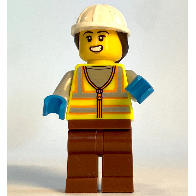 Lego Harbor Worker, Vibrant Yellow Safety Vest, Reddish Brown Legs, White Helmet with Ponytail, Orange Life Vest