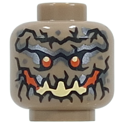 Lego Minifig Head Earth Monster, Rock Texture, Light Bluish Grey Shapes, Orange Eyer, Orange/Bright Light Yellow Rock Mouth / Dark Tan