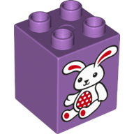 Lego Duplo Brick 2 x 2 x 2 with White and Red Bunny Rabbit Print / Medium Lavender