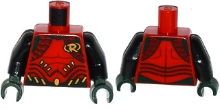 Lego Torso Batman 'R' Symbol, Body Armor with Muscles Outline and Dark Green and Gold Belt Pattern / Black Arms / Dark Green Hands