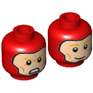 Minifig Head The Flash, Balaclava, Light Nougat Face, Orange Eyebrows, Cheek Lines, Smiling / Angry Print / Red